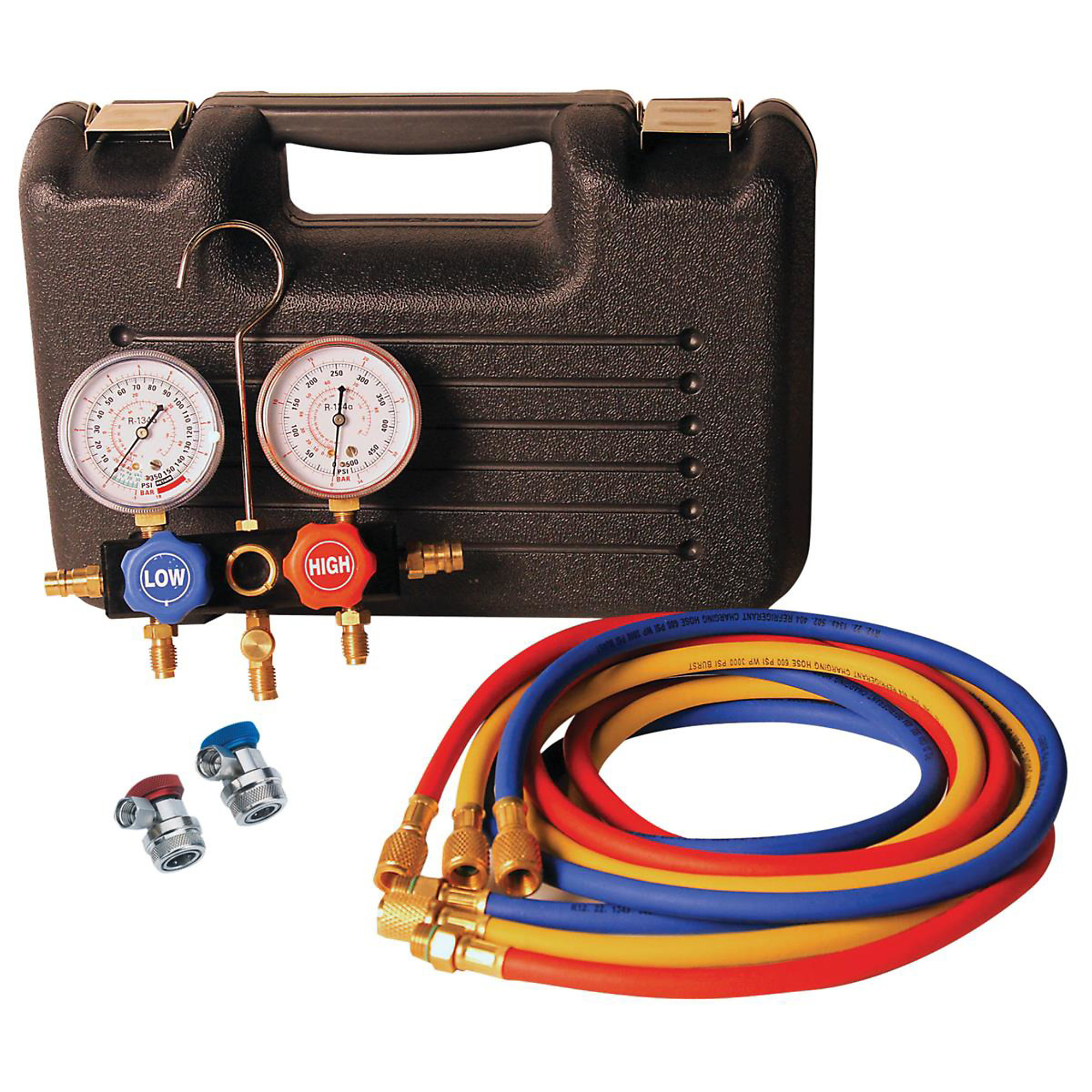 FJC Dual Manifold Gauge Set — For R-134A/R-1234YF Systems, 72in. Hoses, Plastic Carrying Case, Model# FJC6855